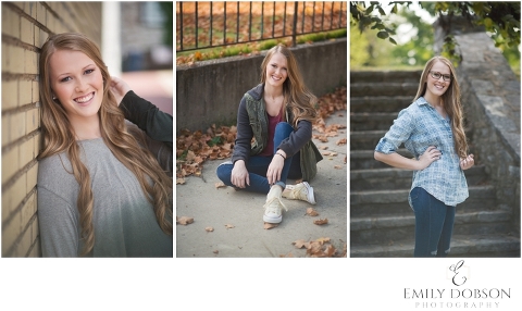 high school senior posing for fall senior pictures in front of leaves and stairs