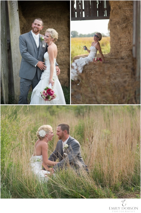 bride and groom posing on farm
