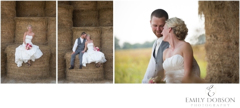 bride and groom posing on hay bail