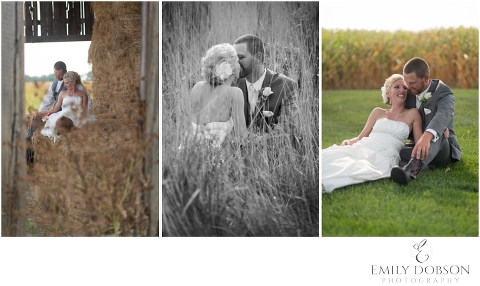 bride and groom posing on farm