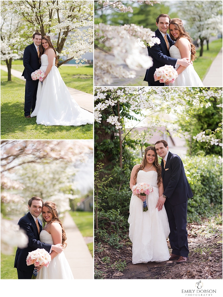 Bride and groom portraits at The LeClaire Room in Spring with Spring blooms