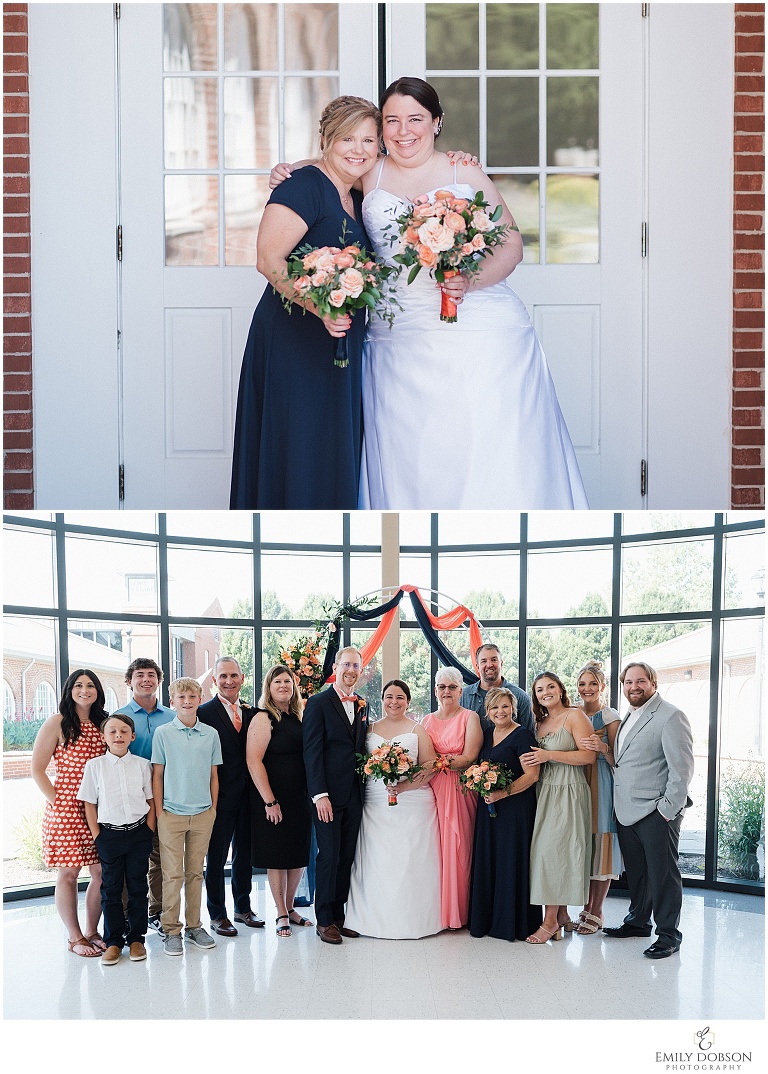 bride taking a picture with family members