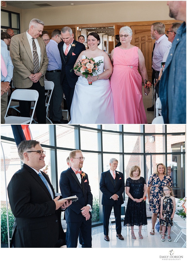 bride walking down the aisle escorted by her brother and mother and the groom seeing his bride walk down the aisle