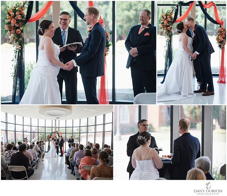 bride and groom exchanging vows, partaking in communion and their first kiss
