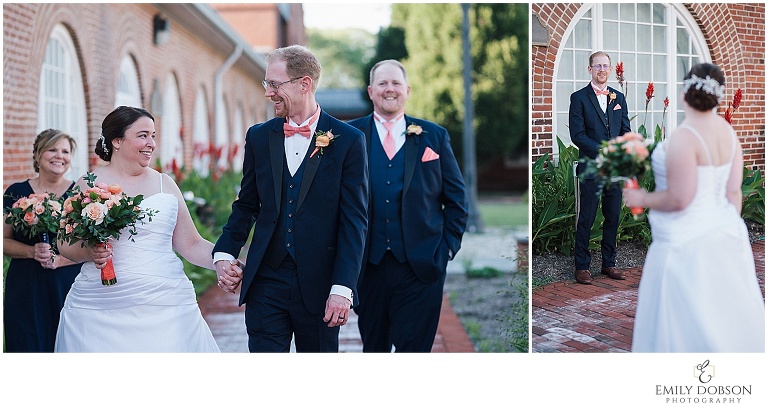 bride and groom walking and laughing with their best man and made of honor