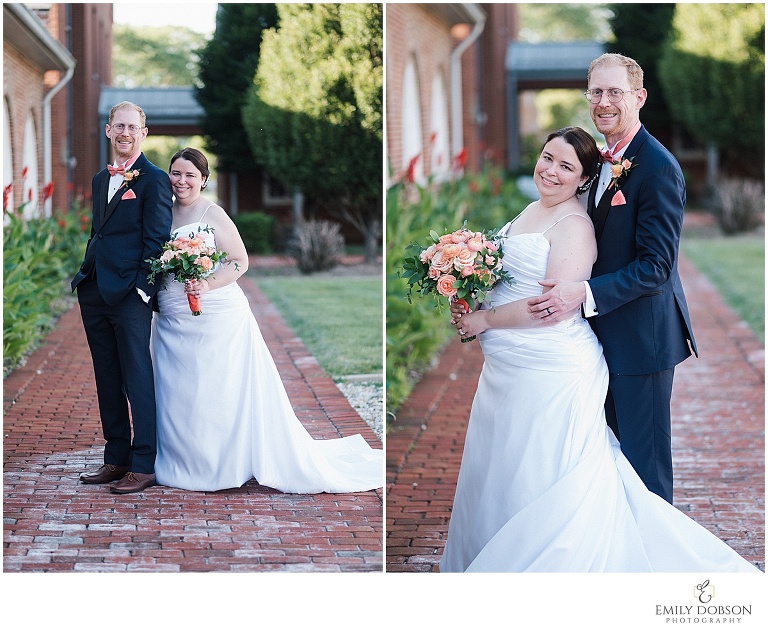 bride and groom formal portraits on a brick walkway